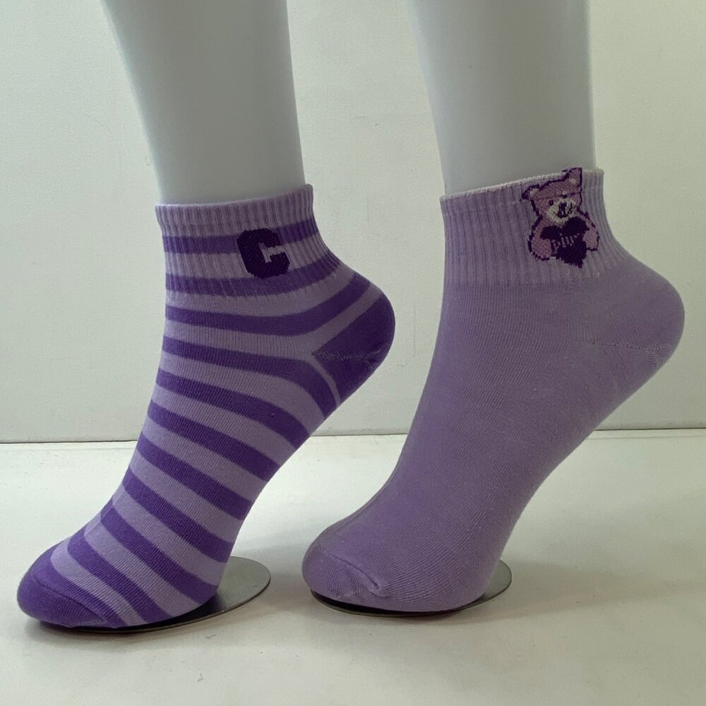 Womens Purple Bear & Stripe Design Ankle Socks 2-Pack Cute Cozy Novelty